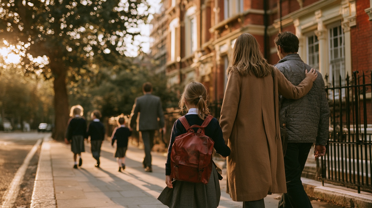 Parents and children walking to school together on a September morning