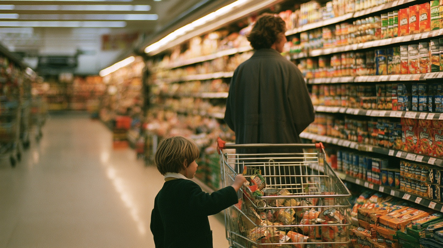A parent and child in school uniform doing the weekly shop together in a supermarket aisle