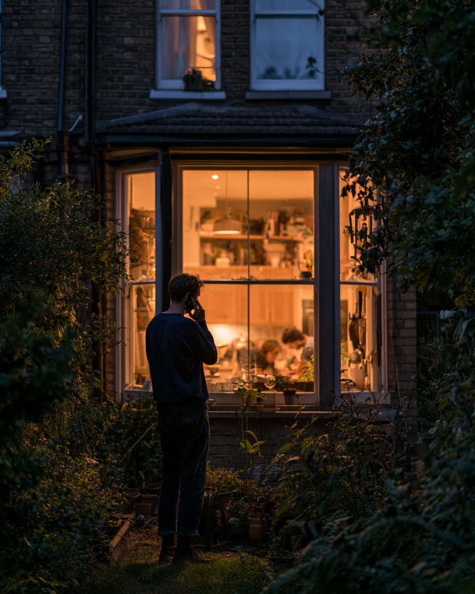 A parent taking a quiet phone call in the garden at dusk while family life carries on in the lit kitchen window