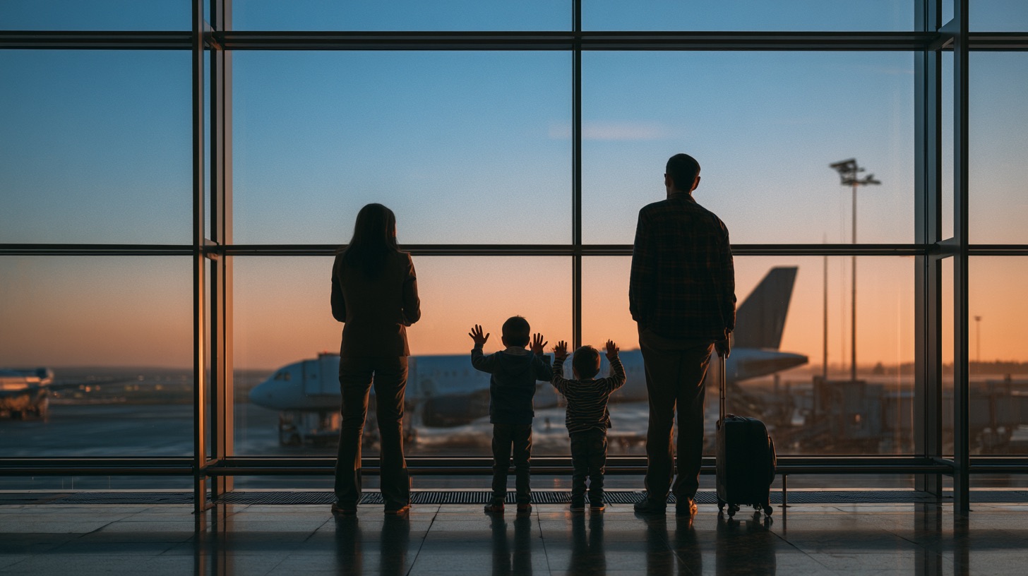 A family of four silhouetted at an airport window at dawn, children watching the plane with hands on the glass