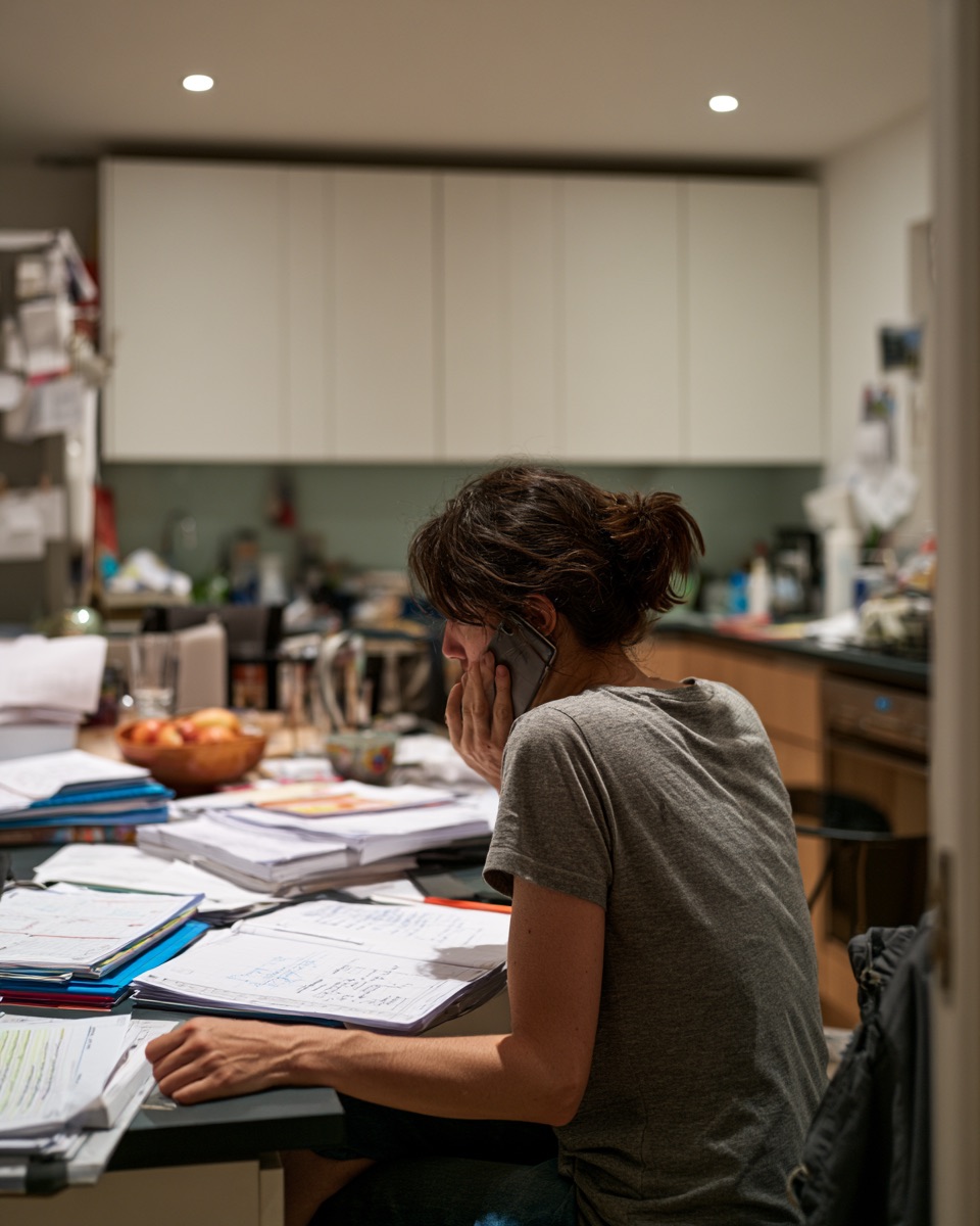 A parent on the phone at the kitchen table in the evening, school letters piled around her